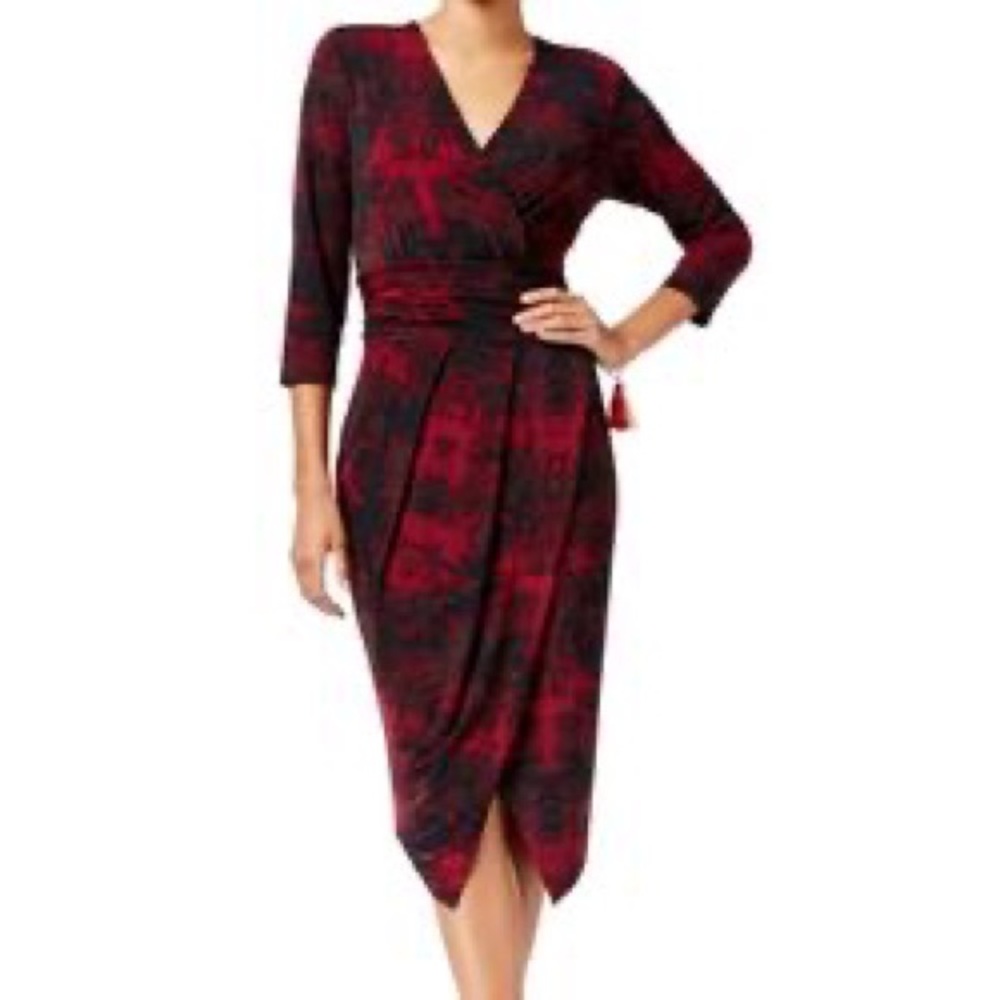 Rachel Roy printed faux wrap 3/4 sleeve cocktail bodycon dress M